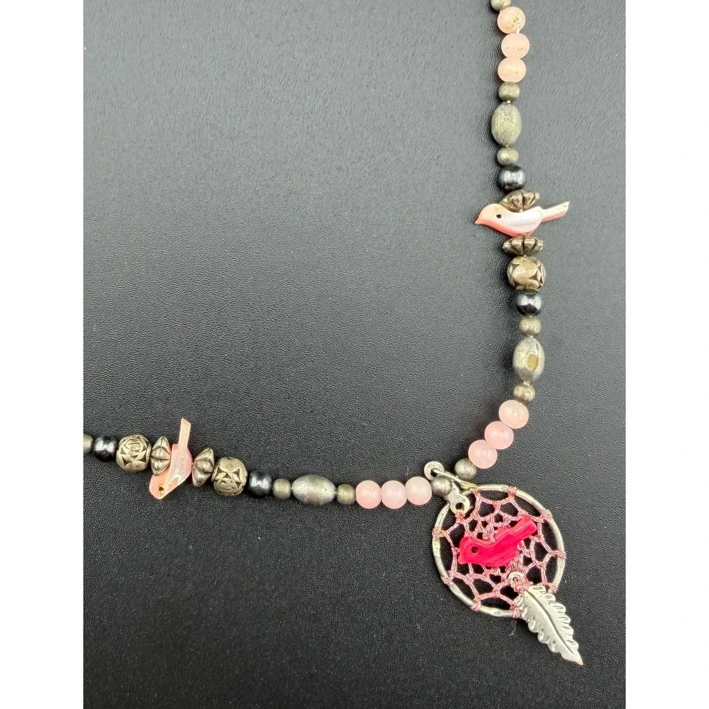 Bird Fetish Dreamcatcher Necklace Pink Silver Tone‎ Vintage READ
